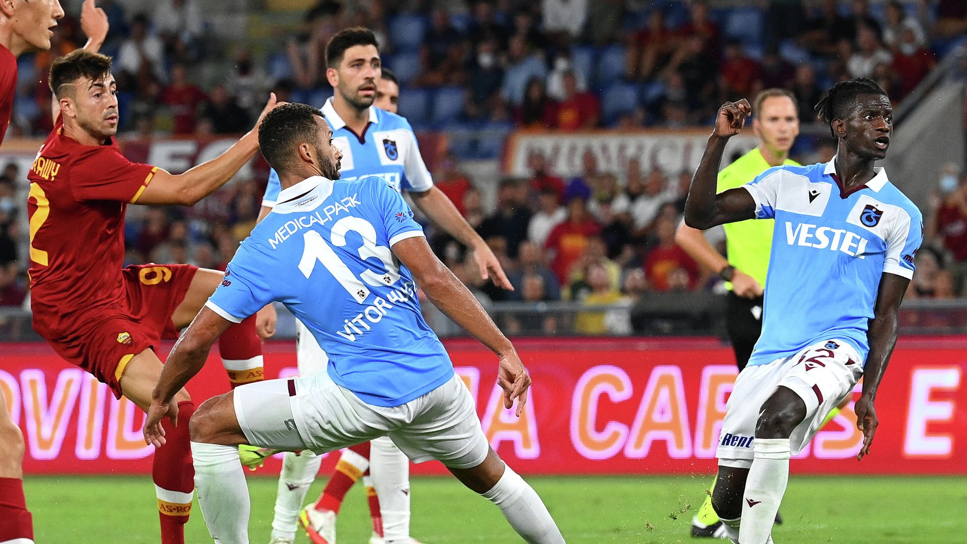 AS Roma's forward Stephan El Shaarawy (L) from Italy scores a goal during the UEFA Europa Conference League football match between AS Roma and Trabzonsport at The Olympic Stadium in Rome on August 26, 2021. (Photo by VINCENZO PINTO / AFP) AS Roma's forward Stephan El Shaarawy (L) from Italy scores a goal during the UEFA Europa Conference League football match between AS Roma and Trabzonsport at The Olympic Stadium in Rome on August 26, 2021. (Photo by VINCENZO PINTO / AFP) - РИА Новости, 1920, 26.08.2021
