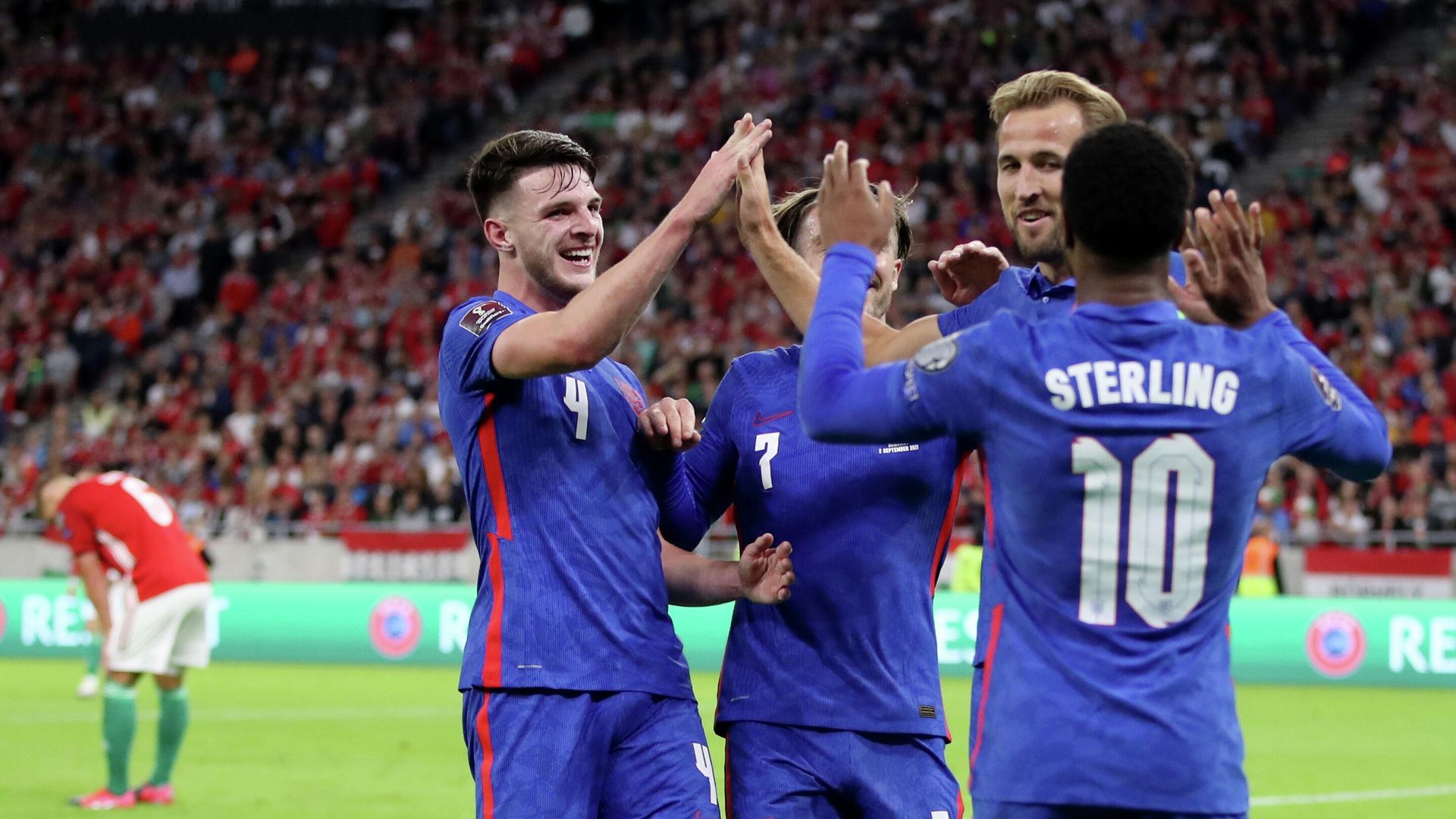 Soccer Football - World Cup - UEFA Qualifiers - Group I - Hungary v England - Puskas Arena, Budapest, Hungary - September 2, 2021 England's Harry Kane celebrates scoring their second goal with Declan Rice, Jack Grealish and Raheem Sterling REUTERS/Carl Recine Soccer Football - World Cup - UEFA Qualifiers - Group I - Hungary v England - Puskas Arena, Budapest, Hungary - September 2, 2021 England's Harry Kane celebrates scoring their second goal with Declan Rice, Jack Grealish and Raheem Sterling REUTERS/Carl Recine - РИА Новости, 1920, 02.09.2021