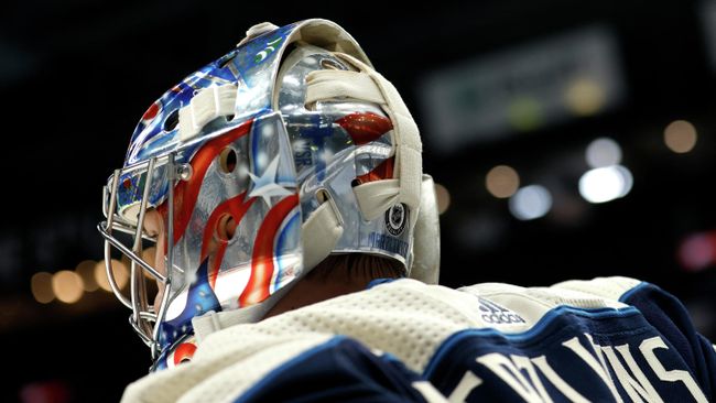 COLUMBUS, OH - MAY 07: Elvis Merzlikins #90 of the Columbus Blue Jackets warms up prior to the start of the game against the Detroit Red Wings at Nationwide Arena on May 7, 2021 in Columbus, Ohio. Kirk Irwin/Getty Images/AFP (Photo by Kirk Irwin / GETTY IMAGES NORTH AMERICA / Getty Images via AFP) COLUMBUS, OH - MAY 07: Elvis Merzlikins #90 of the Columbus Blue Jackets warms up prior to the start of the game against the Detroit Red Wings at Nationwide Arena on May 7, 2021 in Columbus, Ohio. Kirk Irwin/Getty Images/AFP (Photo by Kirk Irwin / GETTY IMAGES NORTH AMERICA / Getty Images via AFP)