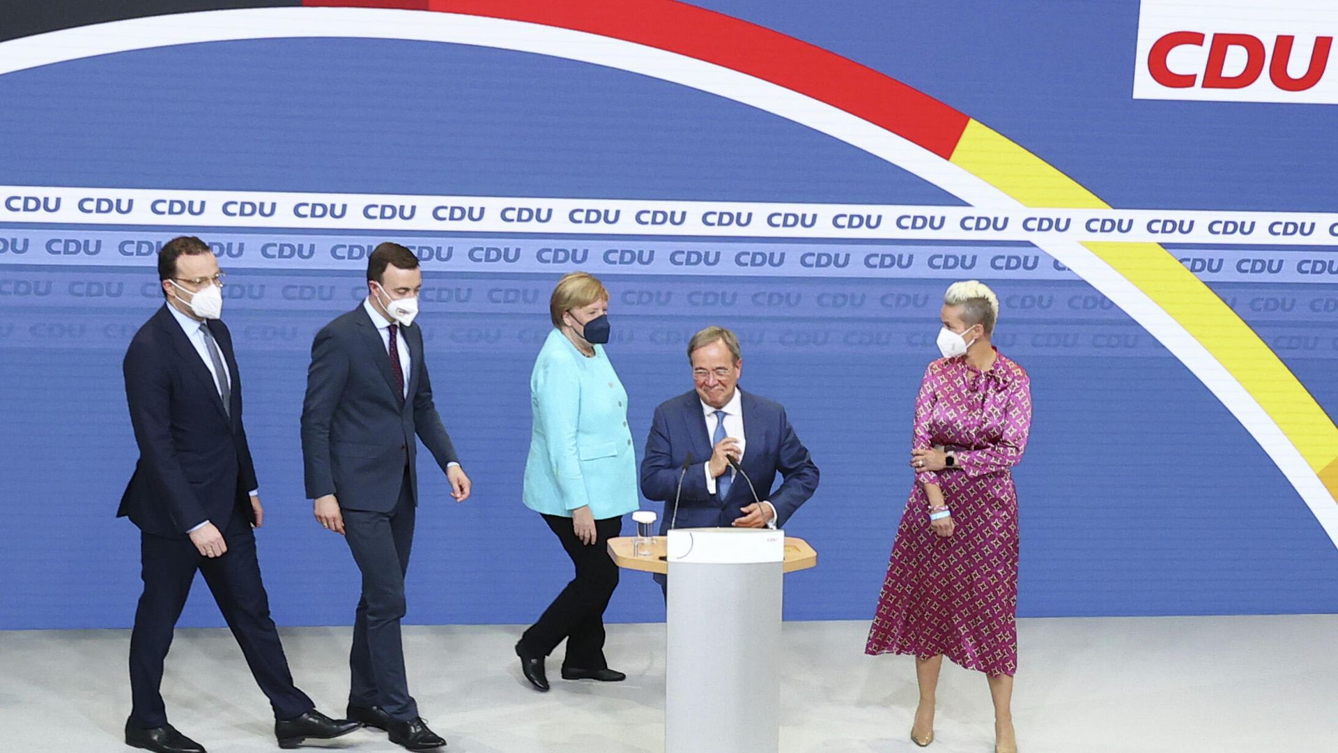 Армин Лашет, Сюзанна Лашет, Ангела Меркель и Пауль Зиемиак после объявления результатов экзит-поллов на выборах в Германии - РИА Новости, 1920, 27.09.2021