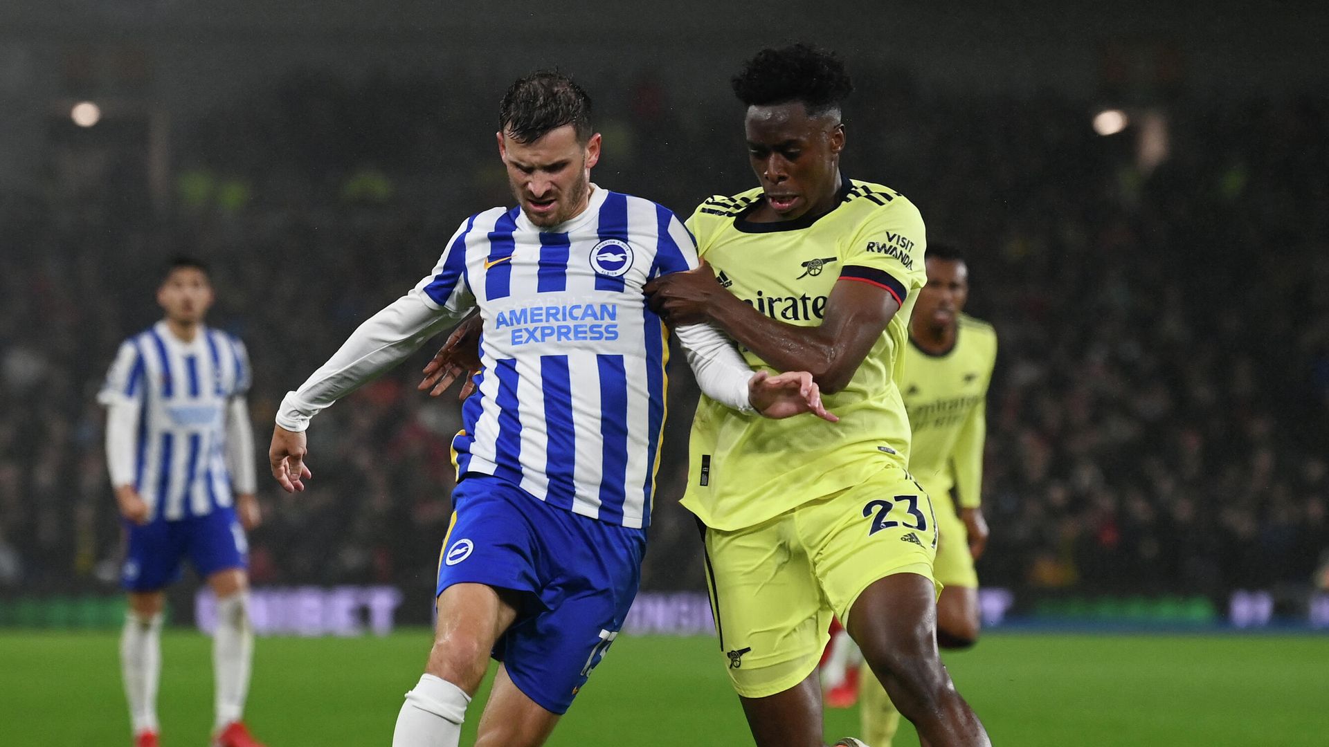 Brighton's German midfielder Pascal Gross (L) and Arsenal's Belgian midfielder Albert Sambi Lokonga compete for the ball during the English Premier League football match between Brighton and Hove Albion and Arsenal at the American Express Community Stadium in Brighton, southern England on October 2, 2021. (Photo by Glyn KIRK / AFP) / RESTRICTED TO EDITORIAL USE. No use with unauthorized audio, video, data, fixture lists, club/league logos or 'live' services. Online in-match use limited to 120 images. An additional 40 images may be used in extra time. No video emulation. Social media in-match use limited to 120 images. An additional 40 images may be used in extra time. No use in betting publications, games or single club/league/player publications. / Brighton's German midfielder Pascal Gross (L) and Arsenal's Belgian midfielder Albert Sambi Lokonga compete for the ball during the English Premier League football match between Brighton and Hove Albion and Arsenal at the American Express Community Stadium in Brighton, southern England on October 2, 2021. (Photo by Glyn KIRK / AFP) / RESTRICTED TO EDITORIAL USE. No use with unauthorized audio, video, data, fixture lists, club/league logos or 'live' services. Online in-match use limited to 120 images. An additional 40 images may be used in extra time. No video emulation. Social media in-match use limited to 120 images. An additional 40 images may be used in extra time. No use in betting publications, games or single club/league/player publications. / - РИА Новости, 1920, 02.10.2021