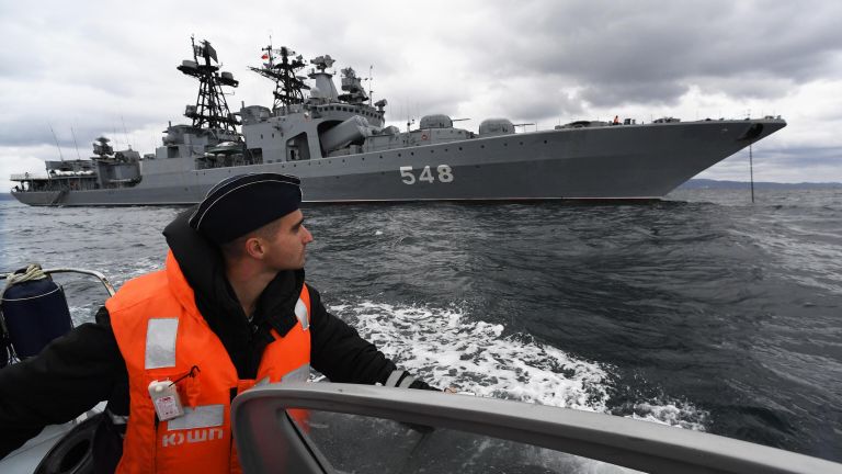 Большой противолодочный корабль Адмирал Пантелеев во время российско-китайских учений Морское взаимодействие – 2021 в Японском море Большой противолодочный корабль Адмирал Пантелеев во время российско-китайских учений Морское взаимодействие – 2021 в Японском море