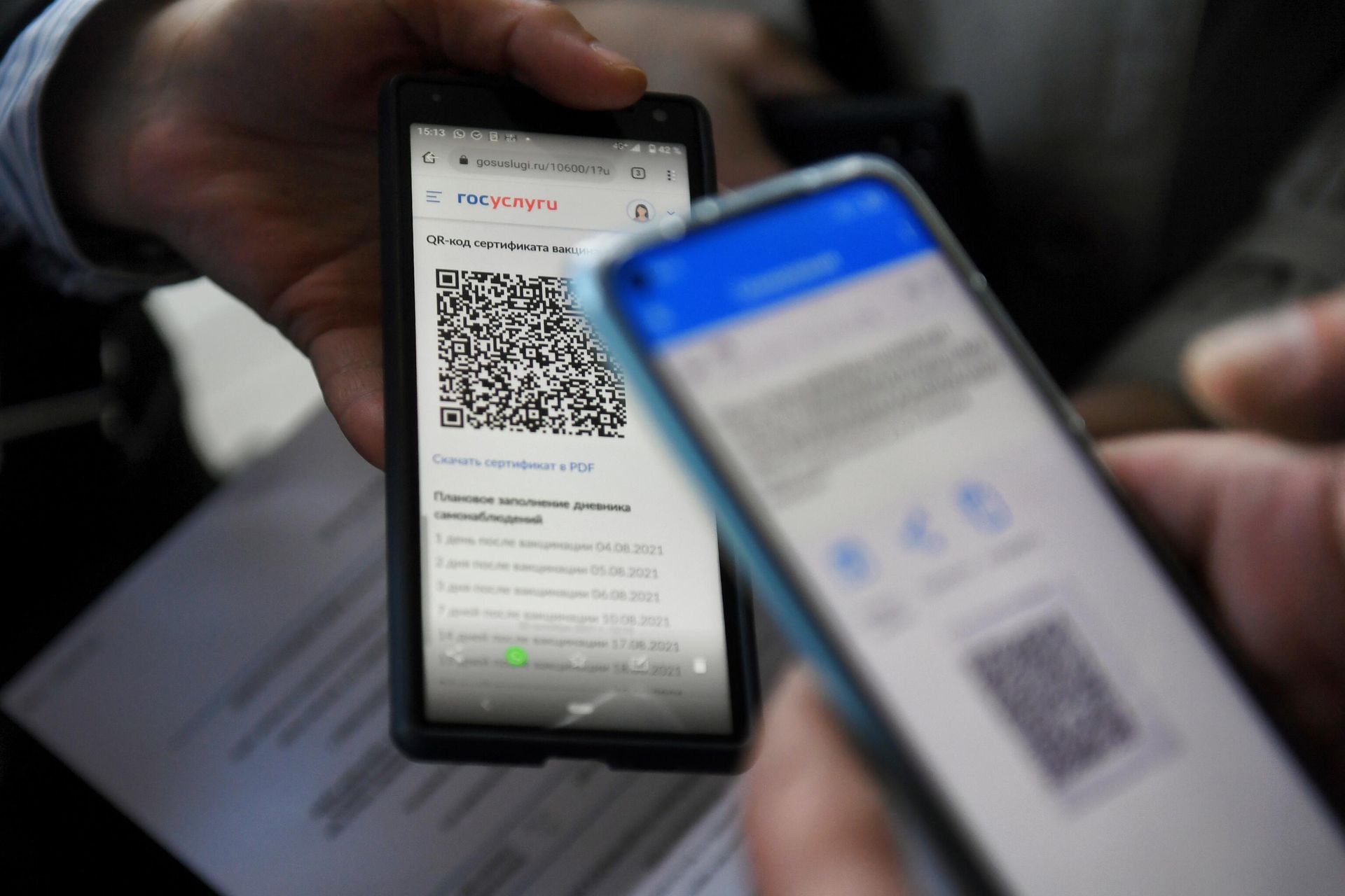 Посетитель предъявляет QR-код для проверки Посетитель предъявляет QR-код для проверки - РИА Новости, 1920, 01.11.2021