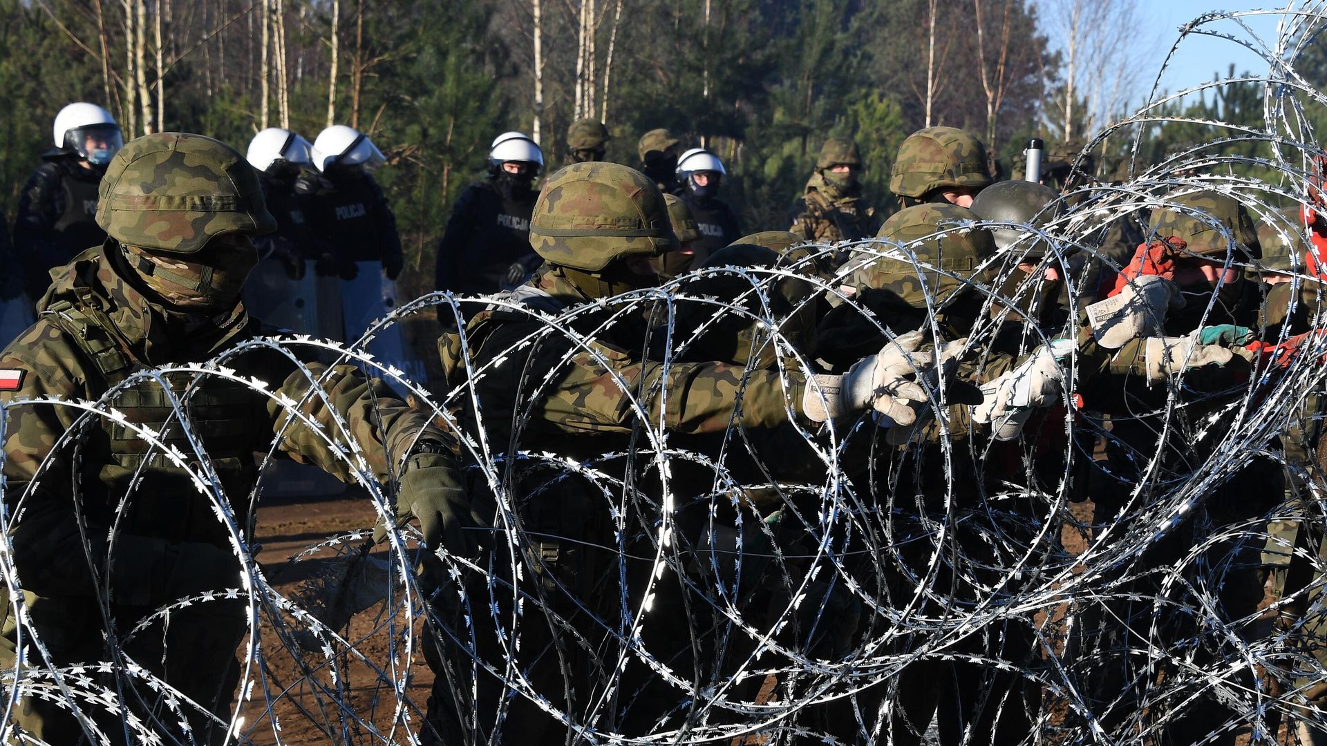 Польские военнослужащие устанавливают забор из колючей проволоки на польско-белорусской границе Польские военнослужащие устанавливают забор из колючей проволоки на польско-белорусской границе - РИА Новости, 1920, 10.11.2021