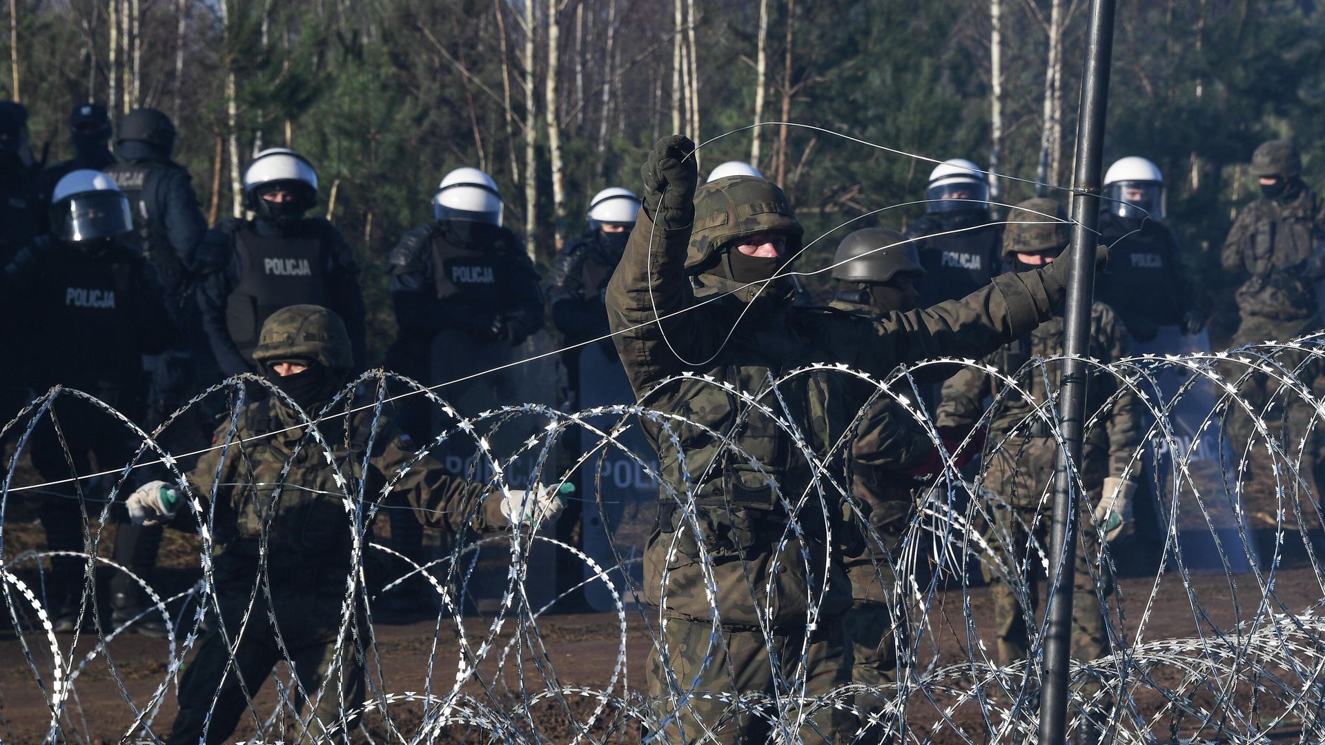 Польские военнослужащие устанавливают забор из колючей проволоки на польско-белорусской границе Польские военнослужащие устанавливают забор из колючей проволоки на польско-белорусской границе - РИА Новости, 1920, 10.11.2021