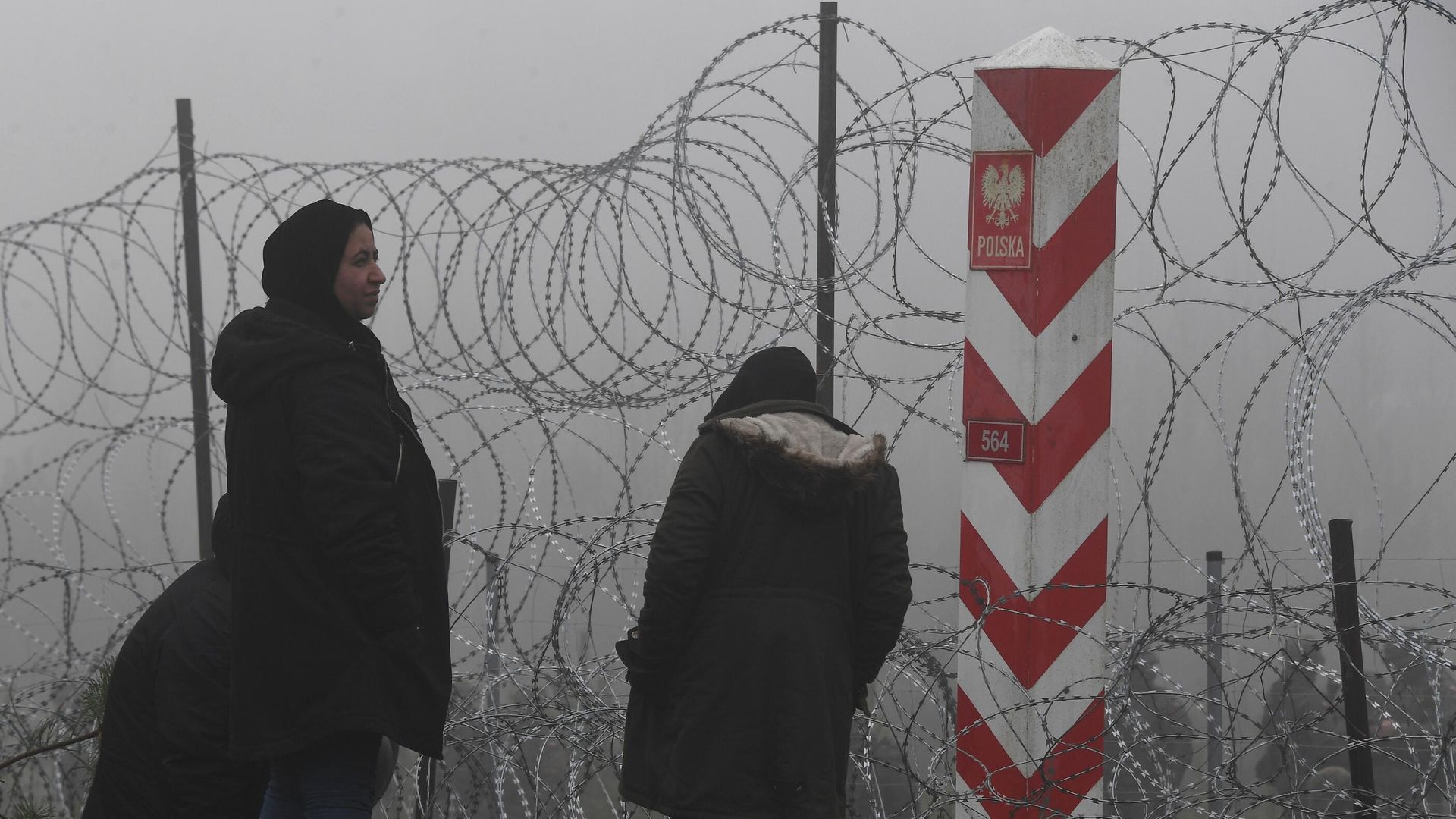 Беженцы возле заграждения из колючей проволоки в лагере нелегальных мигрантов на белорусско-польской границе Беженцы возле заграждения из колючей проволоки в лагере нелегальных мигрантов на белорусско-польской границе - РИА Новости, 1920, 13.11.2021