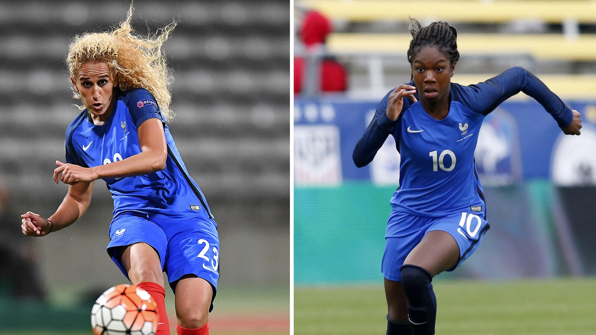 (COMBO/FILES) This combination of file photographs created on November 10, 2021, shows (L) France's midfielder Kheira Hamraoui as she kicks the ball during the women's Euro 2017 qualifying football match between France and Albania at The Charlety Stadium in Paris on September 20, 2016 and (R) France's midfielder Aminata Diallo as she runs with the ball during a 'SheBelieves Cup' football match between France and England at The Mapfre Stadium in Columbus, Ohio on March 1, 2018. - Paris Saint-Germain women's footballer Aminata Diallo was detained by police on November 10, 2021, in connection with a vicious street assault on a teammate and fellow French national player last week, her club said. (Photo by Franck FIFE and Paul VERNON / AFP) - РИА Новости, 1920, 12.11.2021