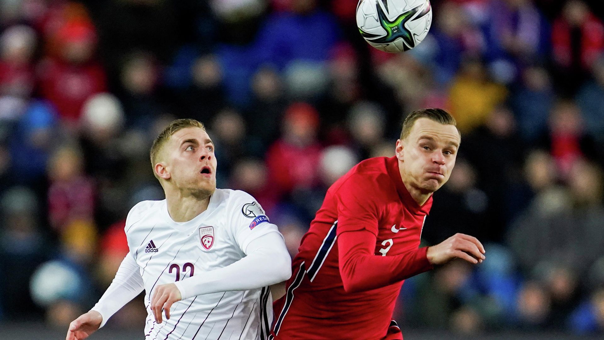 Soccer Football - World Cup - UEFA Qualifiers - Group G - Norway v Latvia - Ullevaal Stadion, Oslo, Norway - November 13, 2021 Latvia's Vladislavs Gutkovskis in action with Norway's Marius Lode Stian Lysberg Solum/NTB via REUTERS ATTENTION EDITORS - THIS IMAGE WAS PROVIDED BY A THIRD PARTY. NORWAY OUT. NO COMMERCIAL OR EDITORIAL SALES IN NORWAY. Soccer Football - World Cup - UEFA Qualifiers - Group G - Norway v Latvia - Ullevaal Stadion, Oslo, Norway - November 13, 2021 Latvia's Vladislavs Gutkovskis in action with Norway's Marius Lode Stian Lysberg Solum/NTB via REUTERS ATTENTION EDITORS - THIS IMAGE WAS PROVIDED BY A THIRD PARTY. NORWAY OUT. NO COMMERCIAL OR EDITORIAL SALES IN NORWAY. - РИА Новости, 1920, 13.11.2021