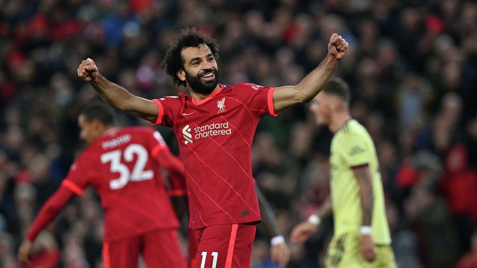 Liverpool's Egyptian midfielder Mohamed Salah celebrates scoring their third goal during the English Premier League football match between Liverpool and Arsenal at Anfield in Liverpool, north west England on November 20, 2021. (Photo by Paul ELLIS / AFP) / RESTRICTED TO EDITORIAL USE. No use with unauthorized audio, video, data, fixture lists, club/league logos or 'live' services. Online in-match use limited to 120 images. An additional 40 images may be used in extra time. No video emulation. Social media in-match use limited to 120 images. An additional 40 images may be used in extra time. No use in betting publications, games or single club/league/player publications. / Liverpool's Egyptian midfielder Mohamed Salah celebrates scoring their third goal during the English Premier League football match between Liverpool and Arsenal at Anfield in Liverpool, north west England on November 20, 2021. (Photo by Paul ELLIS / AFP) / RESTRICTED TO EDITORIAL USE. No use with unauthorized audio, video, data, fixture lists, club/league logos or 'live' services. Online in-match use limited to 120 images. An additional 40 images may be used in extra time. No video emulation. Social media in-match use limited to 120 images. An additional 40 images may be used in extra time. No use in betting publications, games or single club/league/player publications. / - РИА Новости, 1920, 20.11.2021
