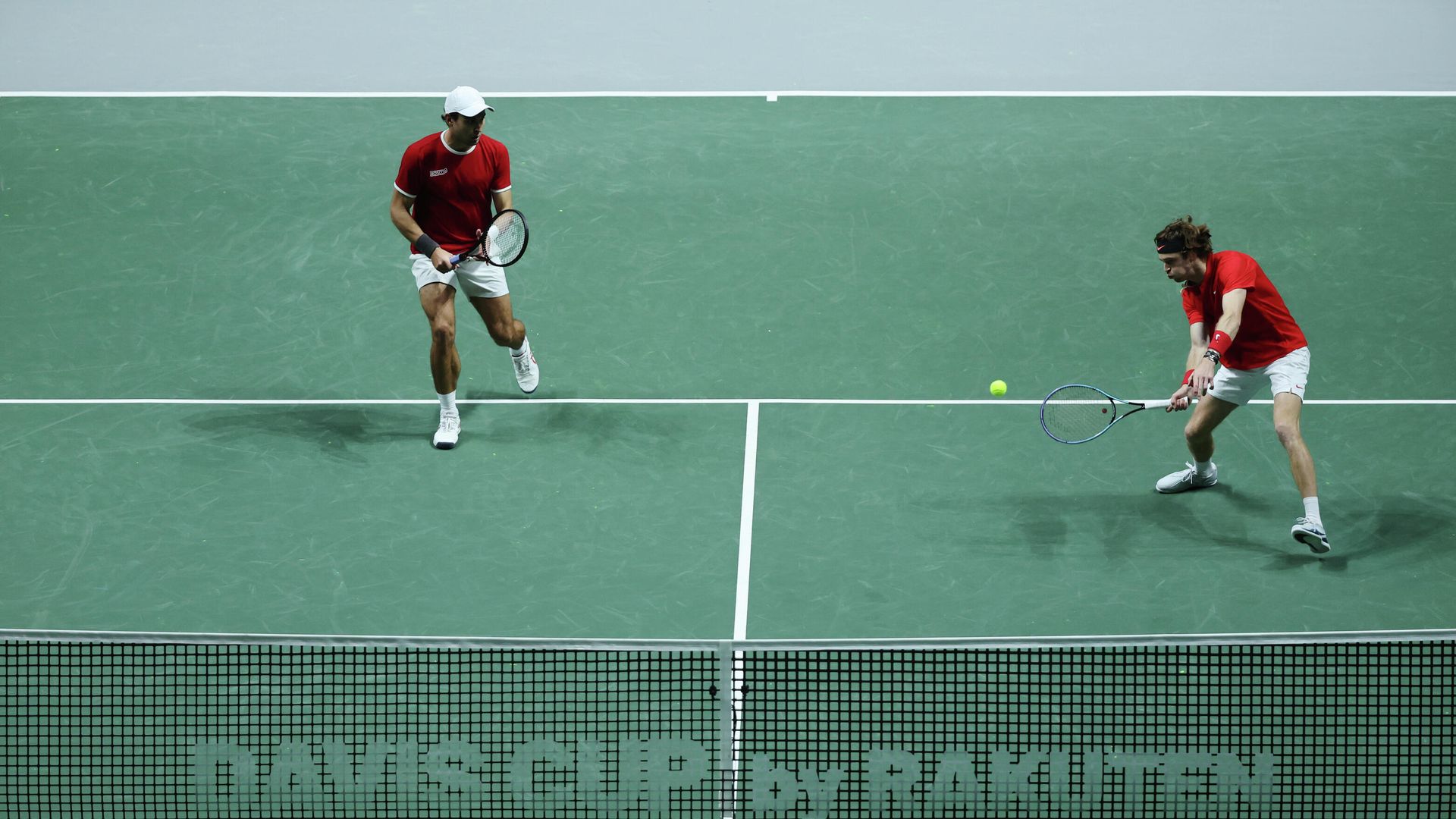 Tennis - Davis Cup Finals - Group A - Russian Tennis Federation v Ecuador - Madrid Arena, Madrid, Spain - November 27, 2021 Russian Tennis Federation's Aslan Karatsev and Andrey Rublev in action during their match against Ecuador's Gonzalo Escobar and Diego Hidalgo REUTERS/Sergio Perez Tennis - Davis Cup Finals - Group A - Russian Tennis Federation v Ecuador - Madrid Arena, Madrid, Spain - November 27, 2021 Russian Tennis Federation's Aslan Karatsev and Andrey Rublev in action during their match against Ecuador's Gonzalo Escobar and Diego Hidalgo REUTERS/Sergio Perez - РИА Новости, 1920, 28.11.2021