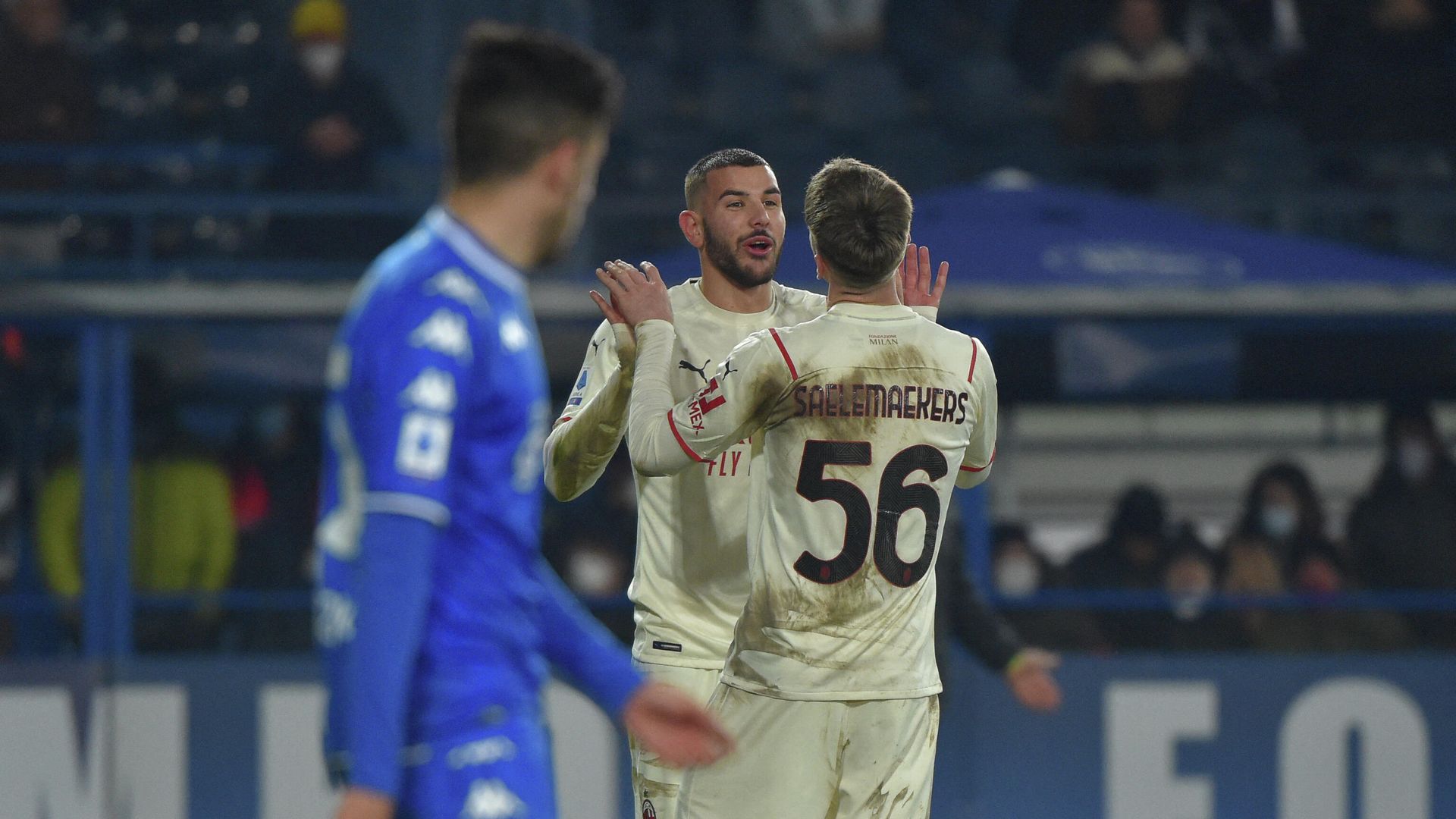 AC Milan's French defender Theo Hernandez (Rear C) celebrates with AC Milan's Belgian midfielder Alexis Saelemaekers after scoring his side's fourth goal during the Italian Serie A football match between Empoli and AC Milan on December 22, 2021 at the Carlo-Castellani stadium in Empoli. (Photo by Andreas SOLARO / AFP) AC Milan's French defender Theo Hernandez (Rear C) celebrates with AC Milan's Belgian midfielder Alexis Saelemaekers after scoring his side's fourth goal during the Italian Serie A football match between Empoli and AC Milan on December 22, 2021 at the Carlo-Castellani stadium in Empoli. (Photo by Andreas SOLARO / AFP) - РИА Новости, 1920, 23.12.2021