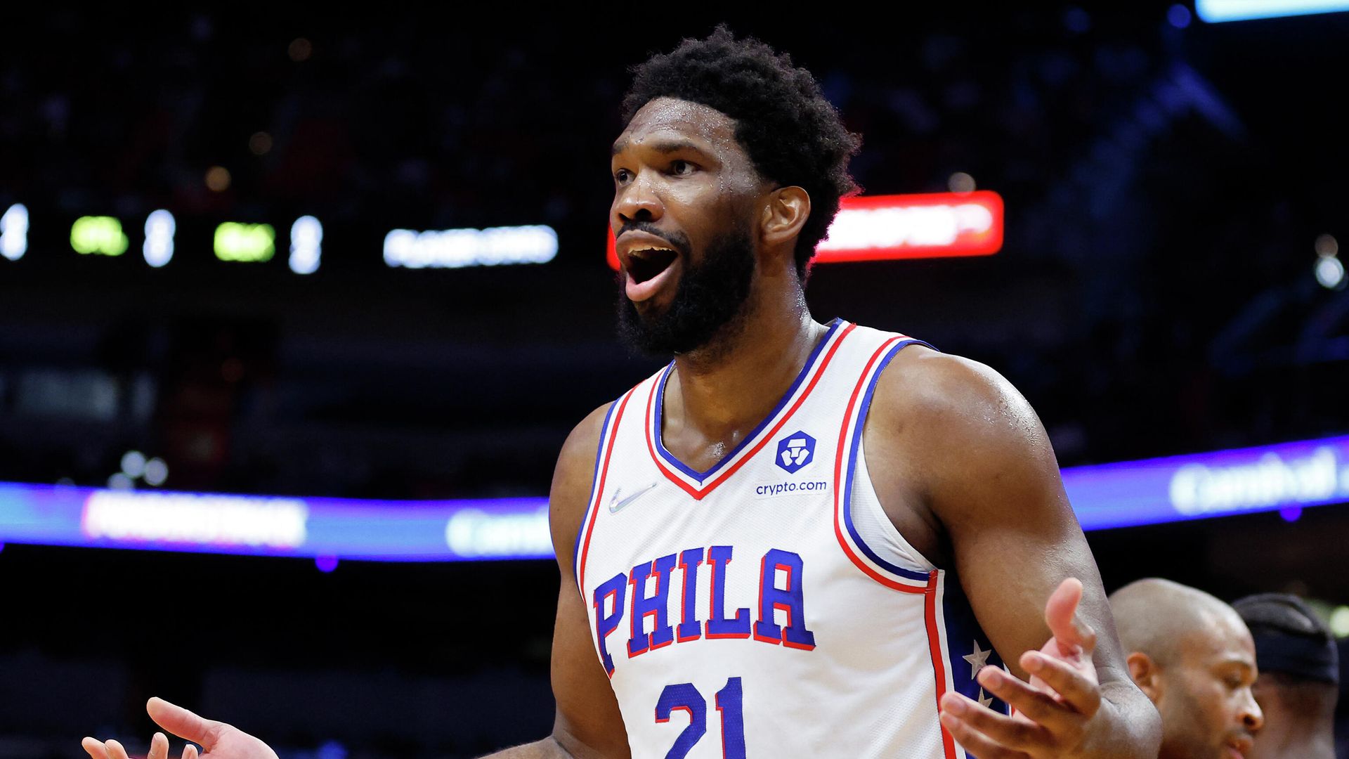 MIAMI, FLORIDA - JANUARY 15: Joel Embiid #21 of the Philadelphia 76ers reacts to a foul call against the Miami Heat during the second half at FTX Arena on January 15, 2022 in Miami, Florida. NOTE TO USER: User expressly acknowledges and agrees that, by downloading and or using this photograph, User is consenting to the terms and conditions of the Getty Images License Agreement. Michael Reaves/Getty Images/AFP (Photo by Michael Reaves / GETTY IMAGES NORTH AMERICA / Getty Images via AFP) MIAMI, FLORIDA - JANUARY 15: Joel Embiid #21 of the Philadelphia 76ers reacts to a foul call against the Miami Heat during the second half at FTX Arena on January 15, 2022 in Miami, Florida. NOTE TO USER: User expressly acknowledges and agrees that, by downloading and or using this photograph, User is consenting to the terms and conditions of the Getty Images License Agreement. Michael Reaves/Getty Images/AFP (Photo by Michael Reaves / GETTY IMAGES NORTH AMERICA / Getty Images via AFP) - РИА Новости, 1920, 18.01.2022