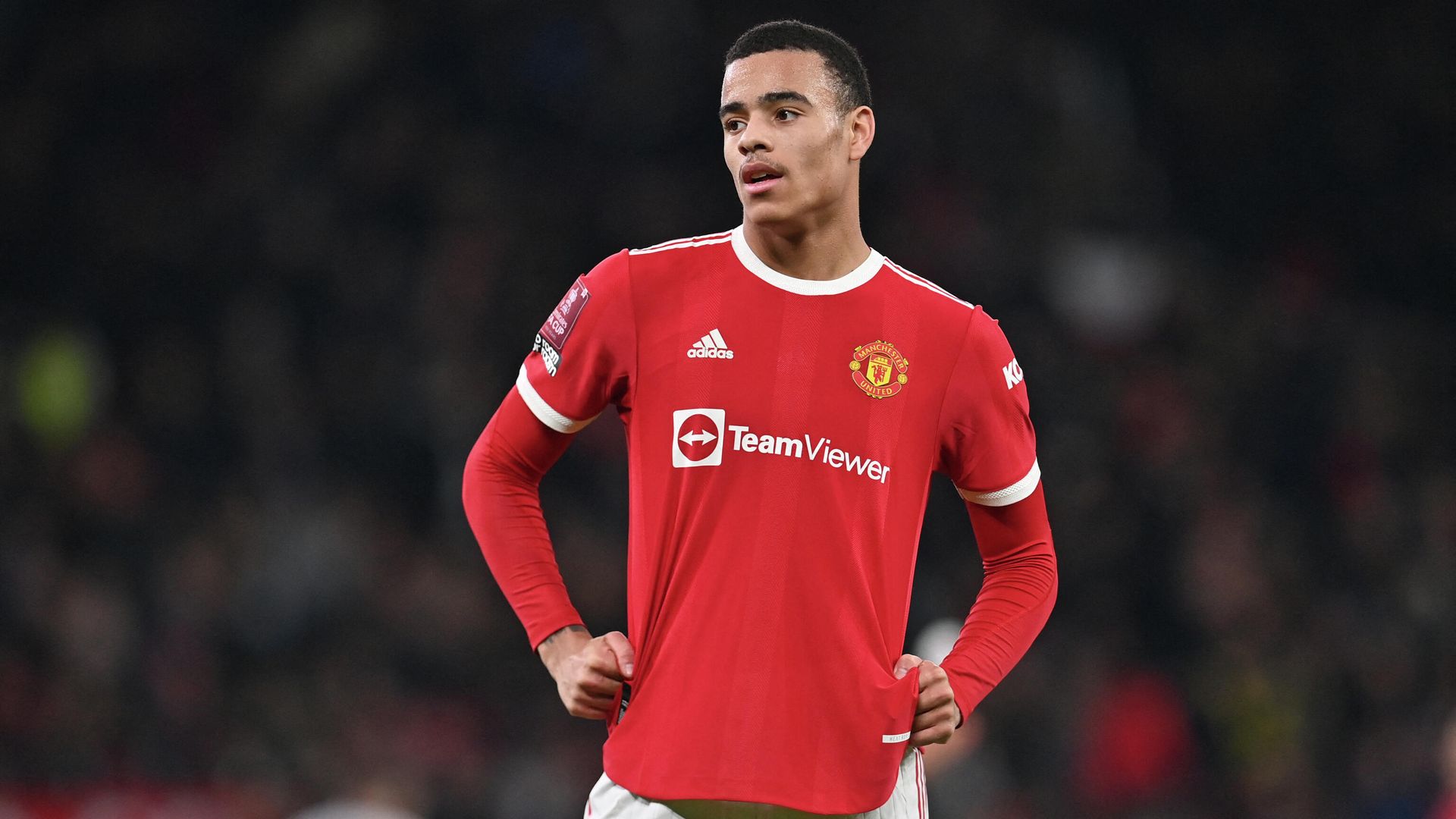 Manchester United's English striker Mason Greenwood geatures during the English FA Cup third round football match between Manchester United and Aston Villa at Old Trafford in Manchester, north-west England, on January 10, 2022. (Photo by Paul ELLIS / AFP) / RESTRICTED TO EDITORIAL USE. No use with unauthorized audio, video, data, fixture lists, club/league logos or 'live' services. Online in-match use limited to 120 images. An additional 40 images may be used in extra time. No video emulation. Social media in-match use limited to 120 images. An additional 40 images may be used in extra time. No use in betting publications, games or single club/league/player publications. / Manchester United's English striker Mason Greenwood geatures during the English FA Cup third round football match between Manchester United and Aston Villa at Old Trafford in Manchester, north-west England, on January 10, 2022. (Photo by Paul ELLIS / AFP) / RESTRICTED TO EDITORIAL USE. No use with unauthorized audio, video, data, fixture lists, club/league logos or 'live' services. Online in-match use limited to 120 images. An additional 40 images may be used in extra time. No video emulation. Social media in-match use limited to 120 images. An additional 40 images may be used in extra time. No use in betting publications, games or single club/league/player publications. / - РИА Новости, 1920, 30.01.2022
