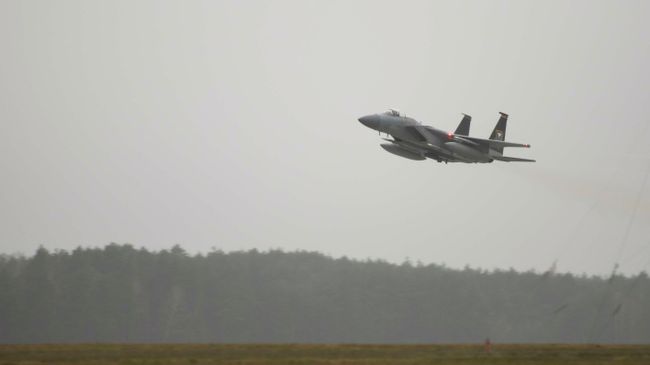 Истребитель F-15C Eagle ВВС США на авиабазе в городе Ласк, Польша