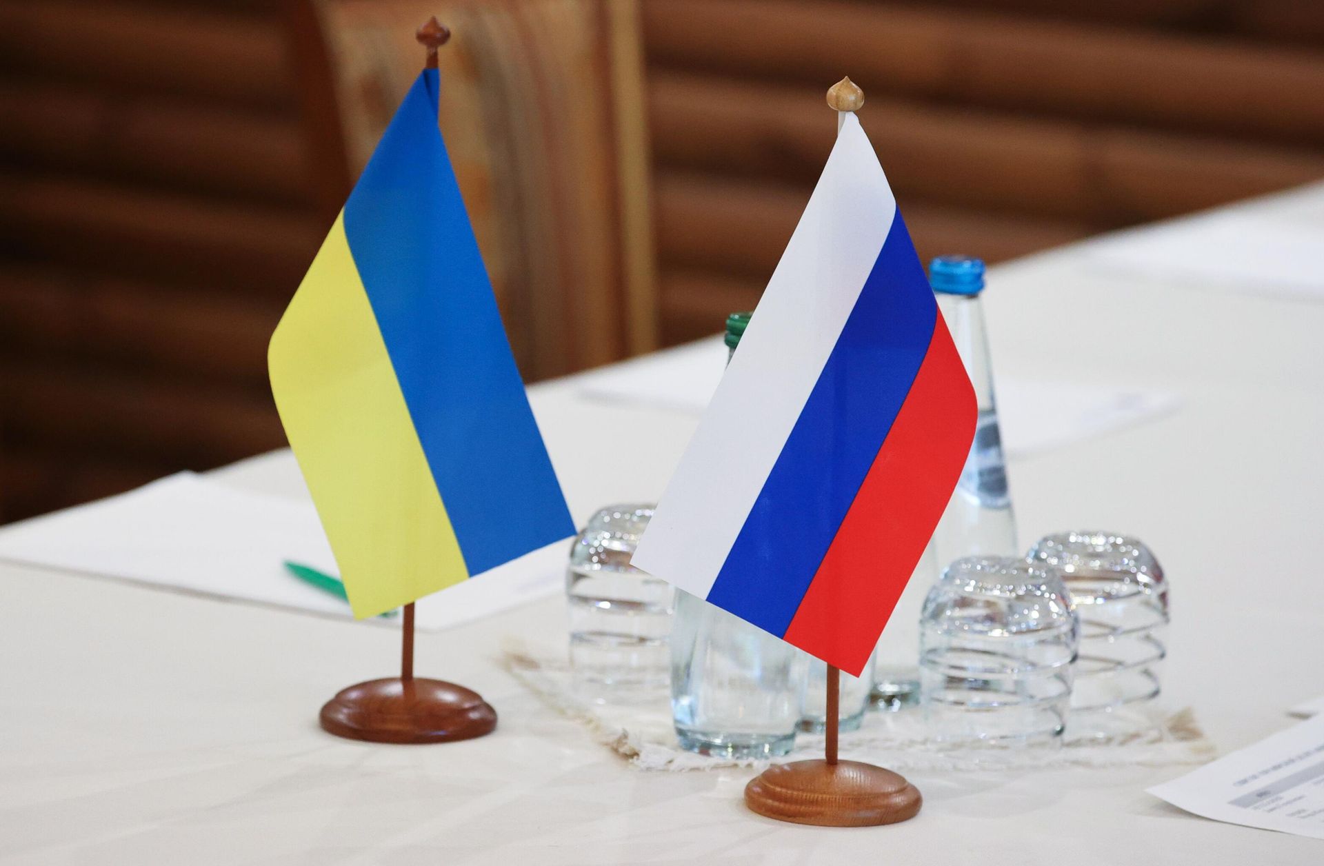 Флажки на столе, за которым пройдут российско-украинские переговоры - РИА Новости, 1920, 04.10.2024