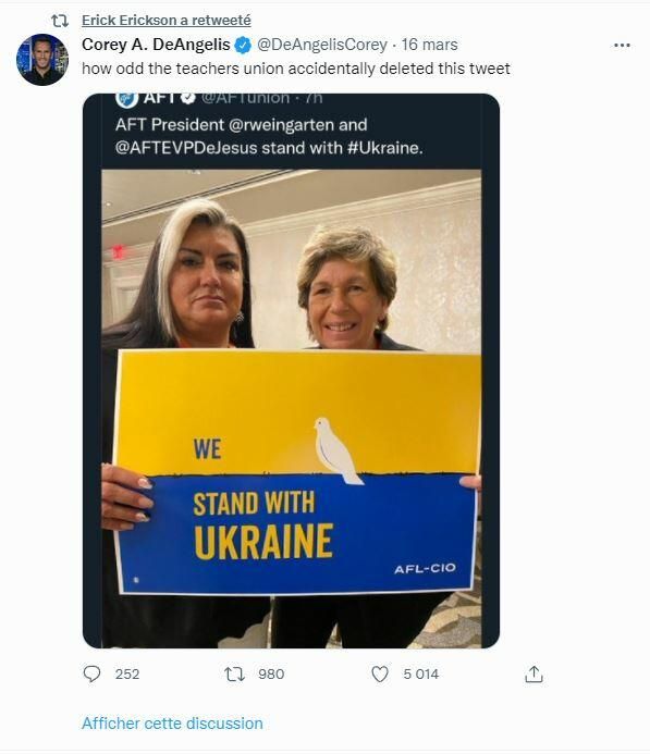 Репост сообщения Американской федерации учителей в сети Twitter Репост сообщения Американской федерации учителей в сети Twitter - РИА Новости, 1920, 17.03.2022