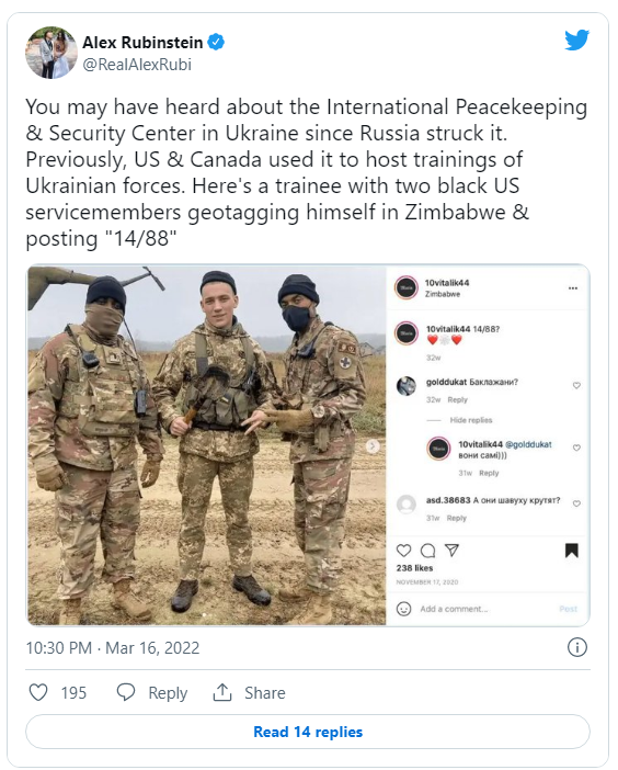 Скриншот публикации украинского военного в соцсети в Instagram*, где он оставил нацистскую подпись к фото с американскими чернокожими военными.
* Деятельность Meta (соцсети Facebook и Instagram) запрещена в России как экстремистская. Скриншот публикации украинского военного в соцсети в Instagram*, где он оставил нацистскую подпись к фото с американскими чернокожими военными.
* Деятельность Meta (соцсети Facebook и Instagram) запрещена в России как экстремистская. - РИА Новости, 1920, 26.05.2022