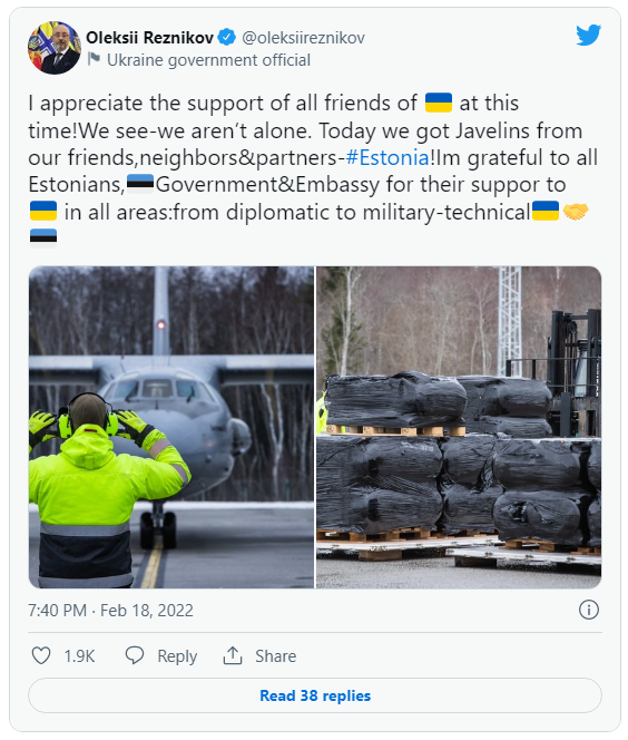 Скриншот публикации министр обороны Украины Алексей Резников благодарит Эстонию за поставку противотанковых комплексов Джавелин. Скриншот публикации министр обороны Украины Алексей Резников благодарит Эстонию за поставку противотанковых комплексов Джавелин. - РИА Новости, 1920, 26.05.2022