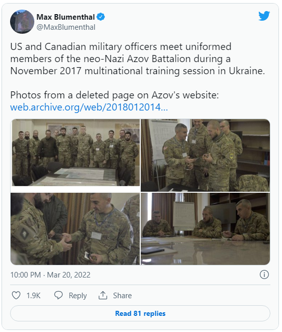 Скриншот публикации журналиста Макса Блюменталя о том, что военные США и Канады встретились с членами неонацистского батальона Азов во время совместных учений в ноябре 2017-го года. Скриншот публикации журналиста Макса Блюменталя о том, что военные США и Канады встретились с членами неонацистского батальона Азов во время совместных учений в ноябре 2017-го года. - РИА Новости, 1920, 26.05.2022