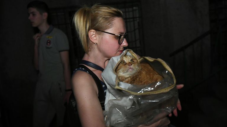 Девушка с кошкой на улице возле дома, пострадавшего в результате обстрела ВСУ Донецка Девушка с кошкой на улице возле дома, пострадавшего в результате обстрела ВСУ Донецка