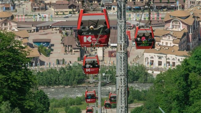 Красная Поляна, кабинки канатной дороги спускаются к высоте 540 метров Красная Поляна, кабинки канатной дороги спускаются к высоте 540 метров