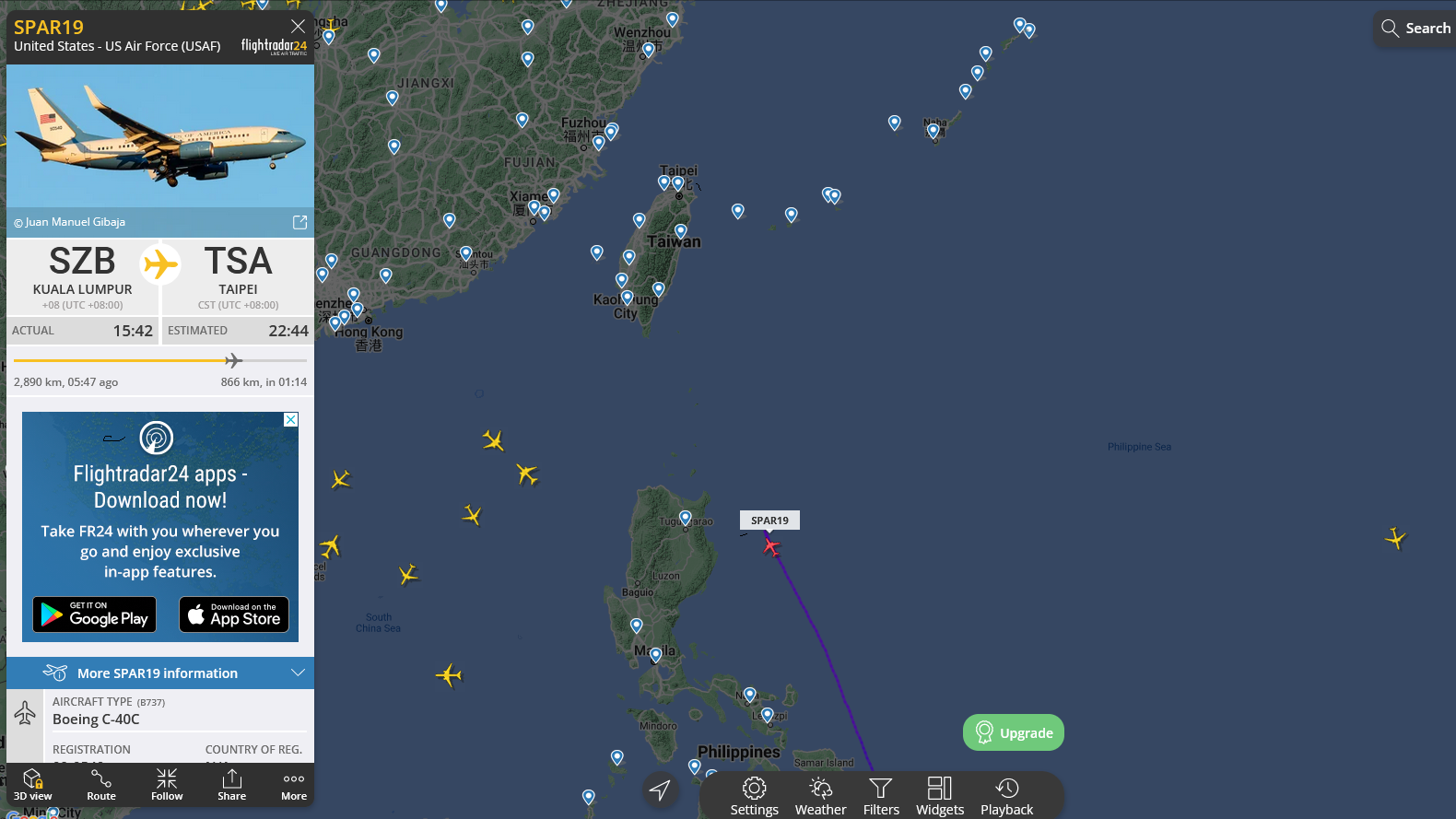 Скриншот маршрута спецборта ВВС США (Flightradar24) Скриншот маршрута спецборта ВВС США (Flightradar24) - РИА Новости, 1920, 02.08.2022