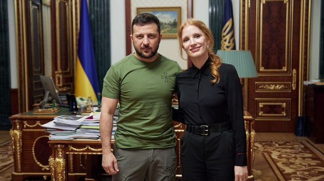 Владимир Зеленский и американская актриса Джессика Честейн во время встречи