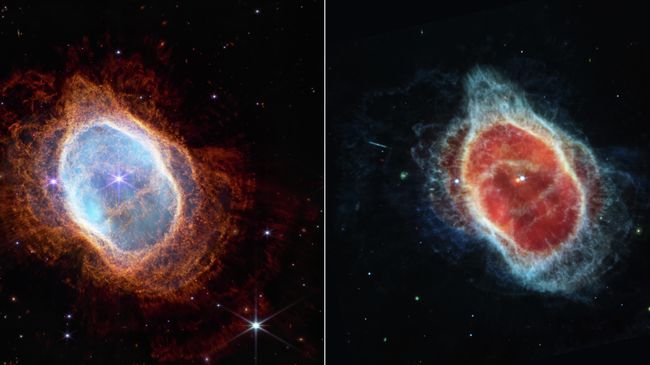 Южная кольцевая туманность — планетарная туманность NGC 3132 в созвездии Паруса. Слева — изображение в ближнем инфракрасном диапазоне; справа — в среднем инфракрасном диапазоне Южная кольцевая туманность — планетарная туманность NGC 3132 в созвездии Паруса. Слева — изображение в ближнем инфракрасном диапазоне; справа — в среднем инфракрасном диапазоне