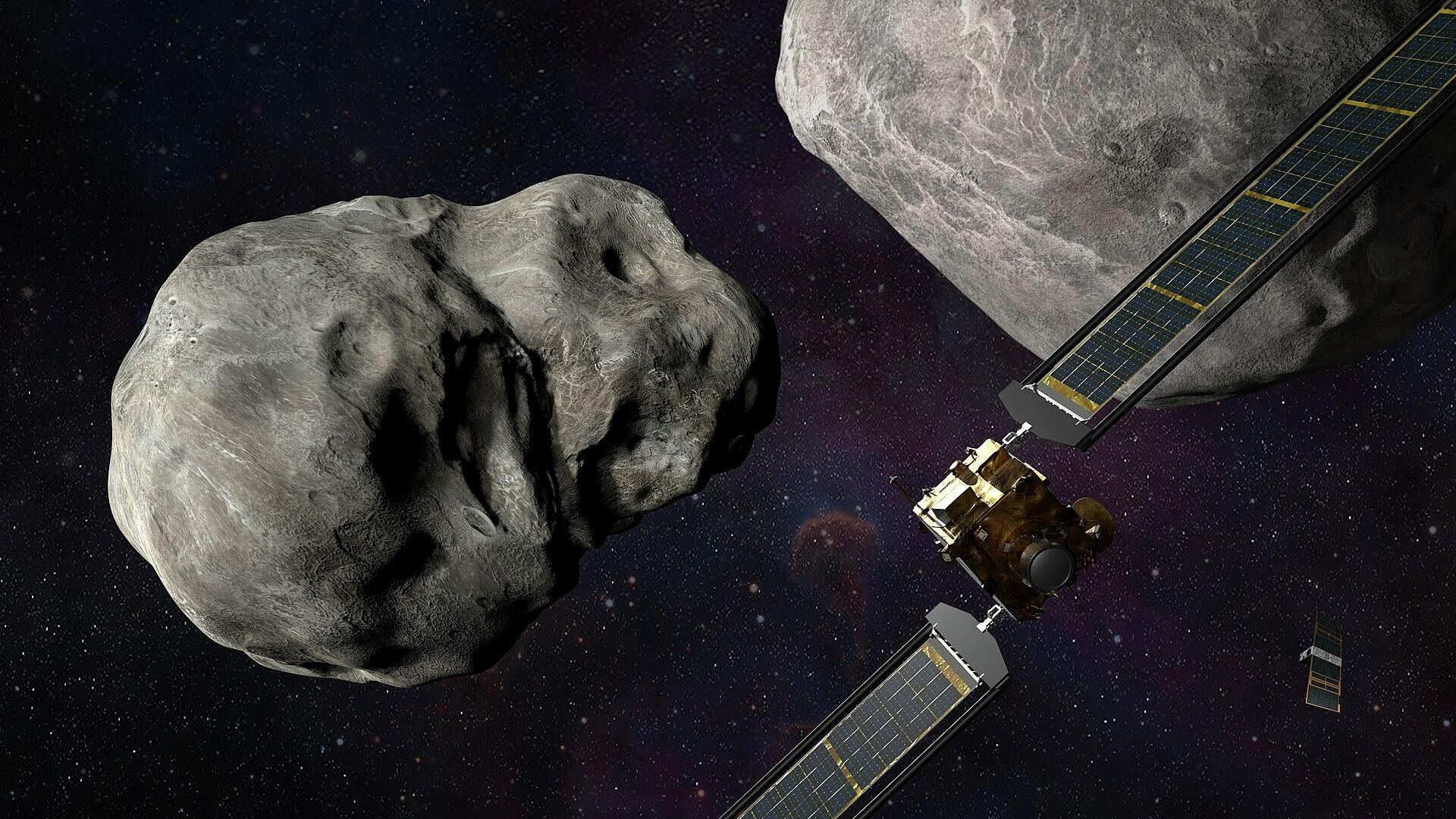 Художественное изображение космического корабля DART, подлетающего к астероиду Диморф. Справа вверху - астероид Дидим, справа внизу - LICIACube - РИА Новости, 1920, 27.09.2022