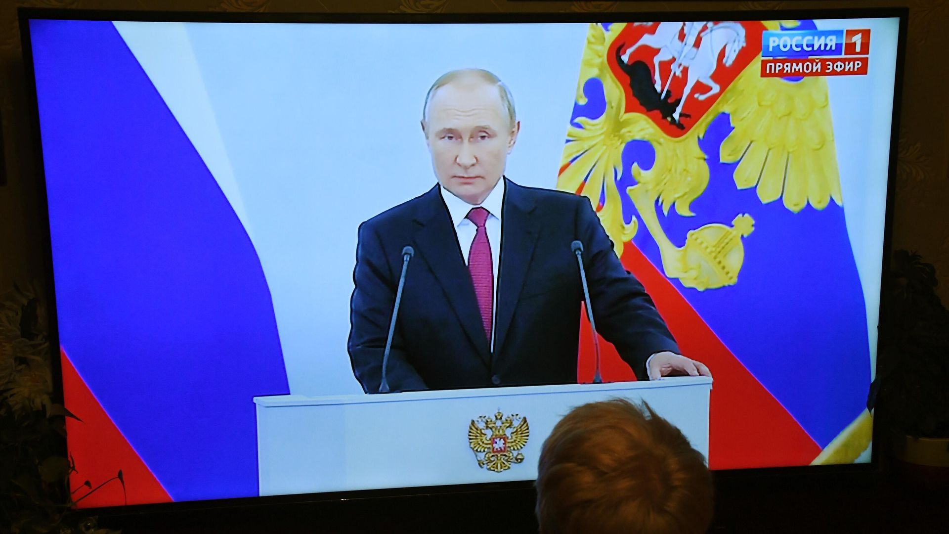 Женщина смотрит телевизионную трансляцию выступления президента Российской Федерации Владимира Путина на церемонии подписания договоров о вхождении в РФ Донецкой и Луганской народных республик, Запорожской и Херсонской областей Женщина смотрит телевизионную трансляцию выступления президента Российской Федерации Владимира Путина на церемонии подписания договоров о вхождении в РФ Донецкой и Луганской народных республик, Запорожской и Херсонской областей - РИА Новости, 1920, 03.10.2022