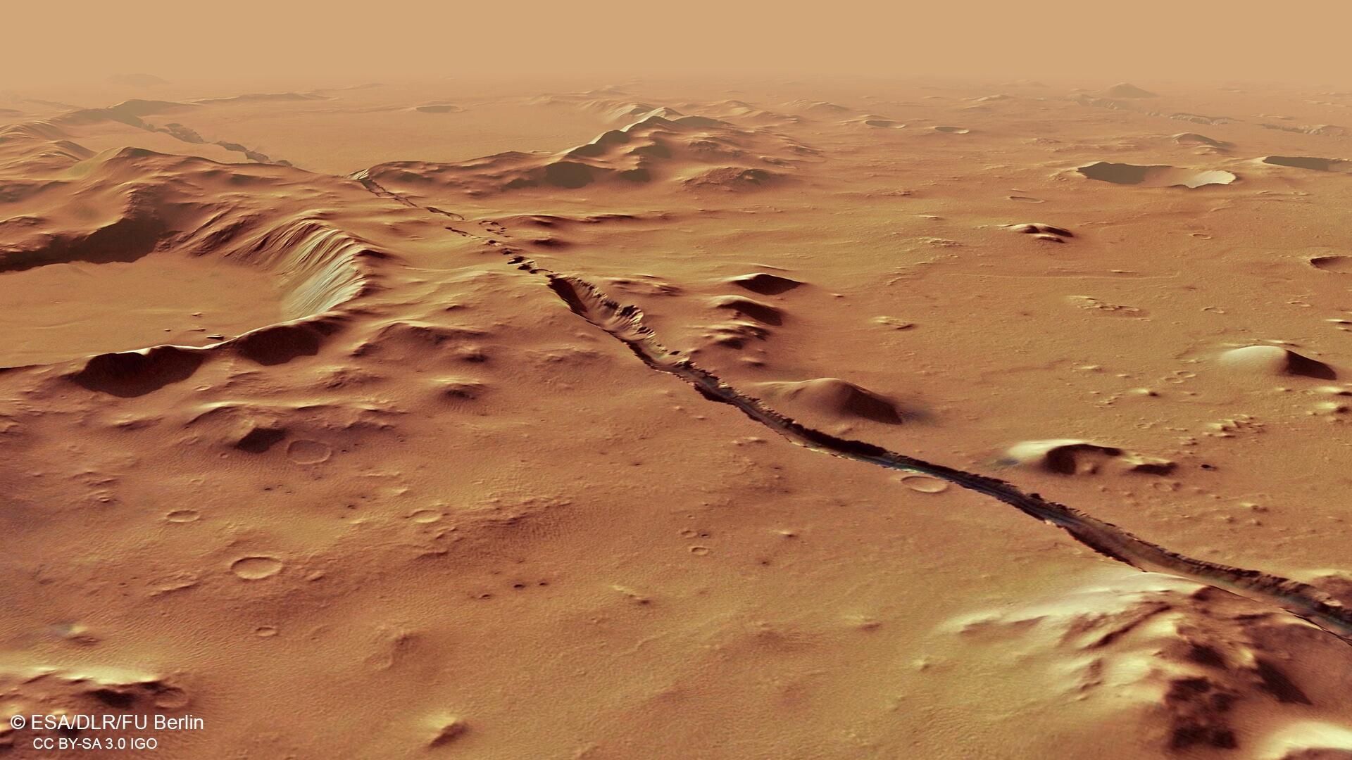 Один из разломов (грабен), составляющих систему Cerberus Fossae Один из разломов (грабен), составляющих систему Cerberus Fossae - РИА Новости, 1920, 10.03.2023