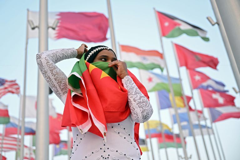 Девушка с флагам на чемпионате мира по футболу 2022 в Дохе Девушка с флагам на чемпионате мира по футболу 2022 в Дохе