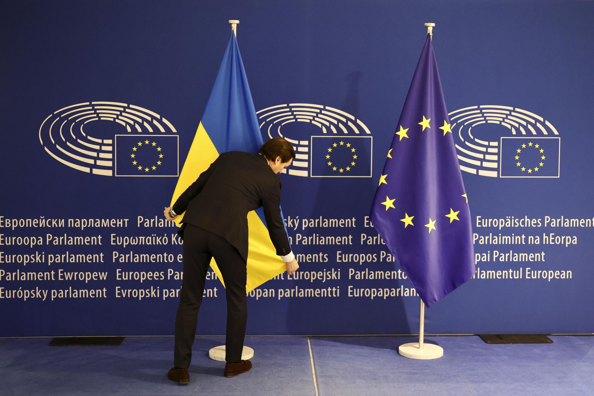 Флаги Украины и ЕС в здании Европейского парламента в Брюсселе Флаги Украины и ЕС в здании Европейского парламента в Брюсселе - РИА Новости, 1920, 15.10.2024