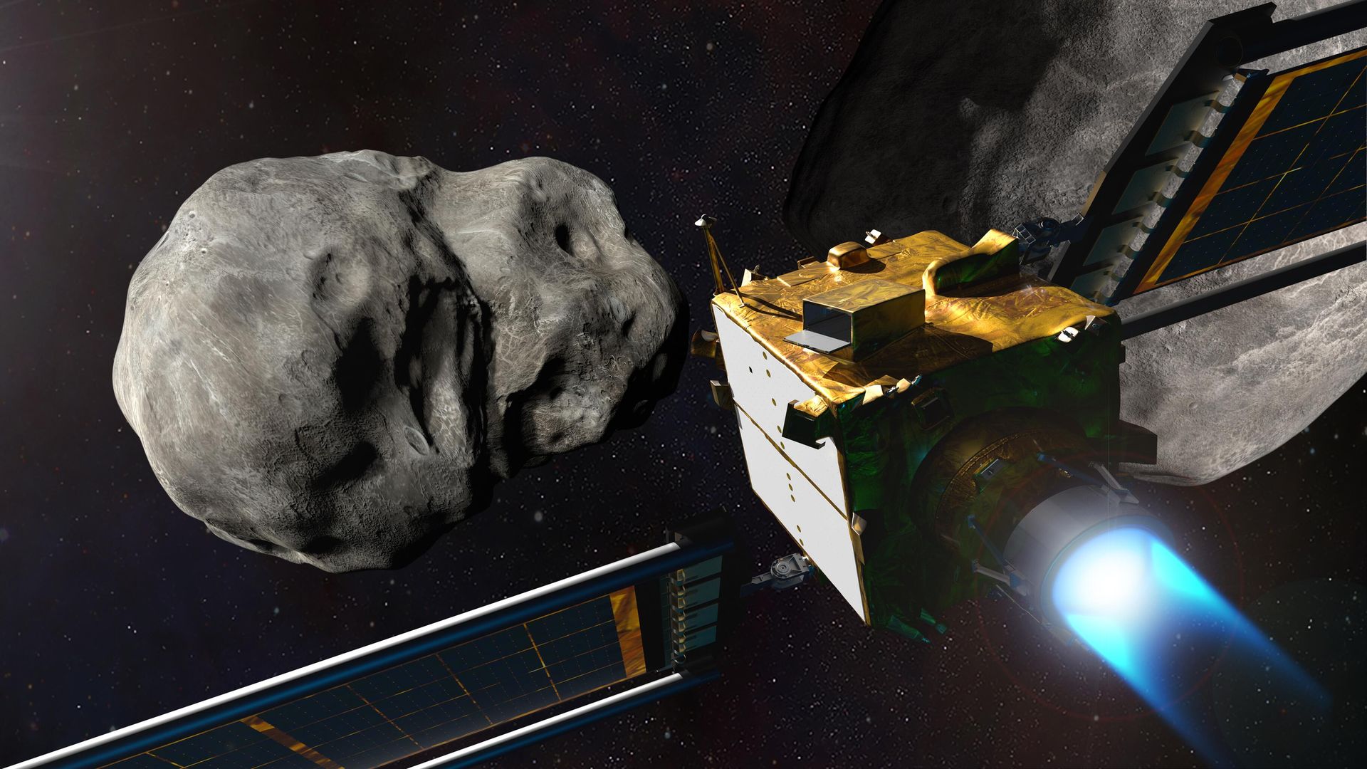 Художественное изображение космического корабля DART, подлетающего к астероиду Диморф Художественное изображение космического корабля DART, подлетающего к астероиду Диморф - РИА Новости, 1920, 07.03.2023