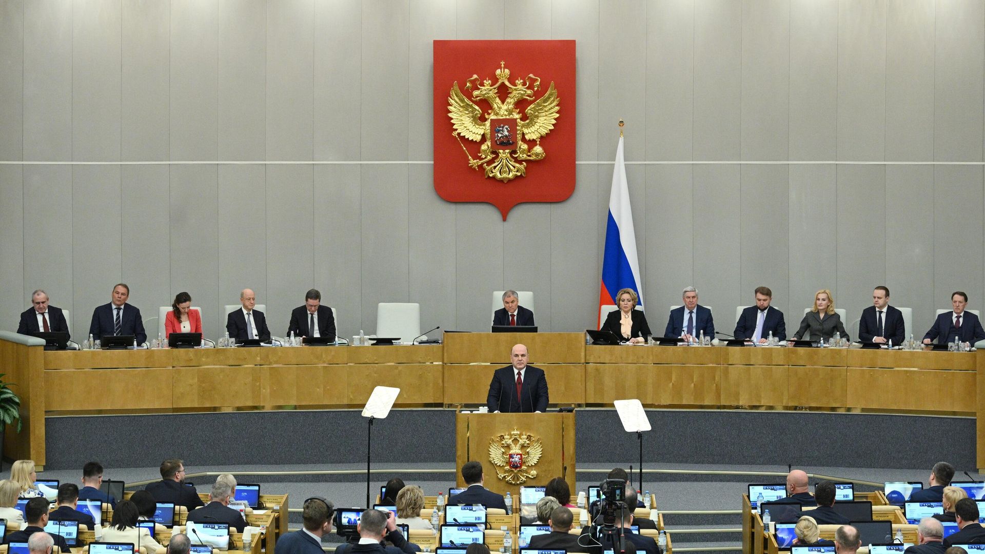 Председатель правительства РФ Михаил Мишустин выступает с ежегодным отчетом правительства РФ в Государственной Думе РФ Председатель правительства РФ Михаил Мишустин выступает с ежегодным отчетом правительства РФ в Государственной Думе РФ - РИА Новости, 1920, 23.03.2023