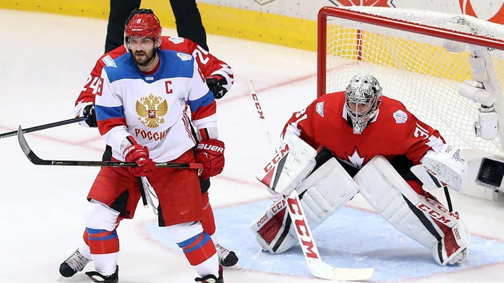 Хоккеист сборной России Александр Овечкин и вратарь сборной Канады Кэри Прайс на Кубке мира по хоккею 2016 года - РИА Новости, 1920, 01.12.2023