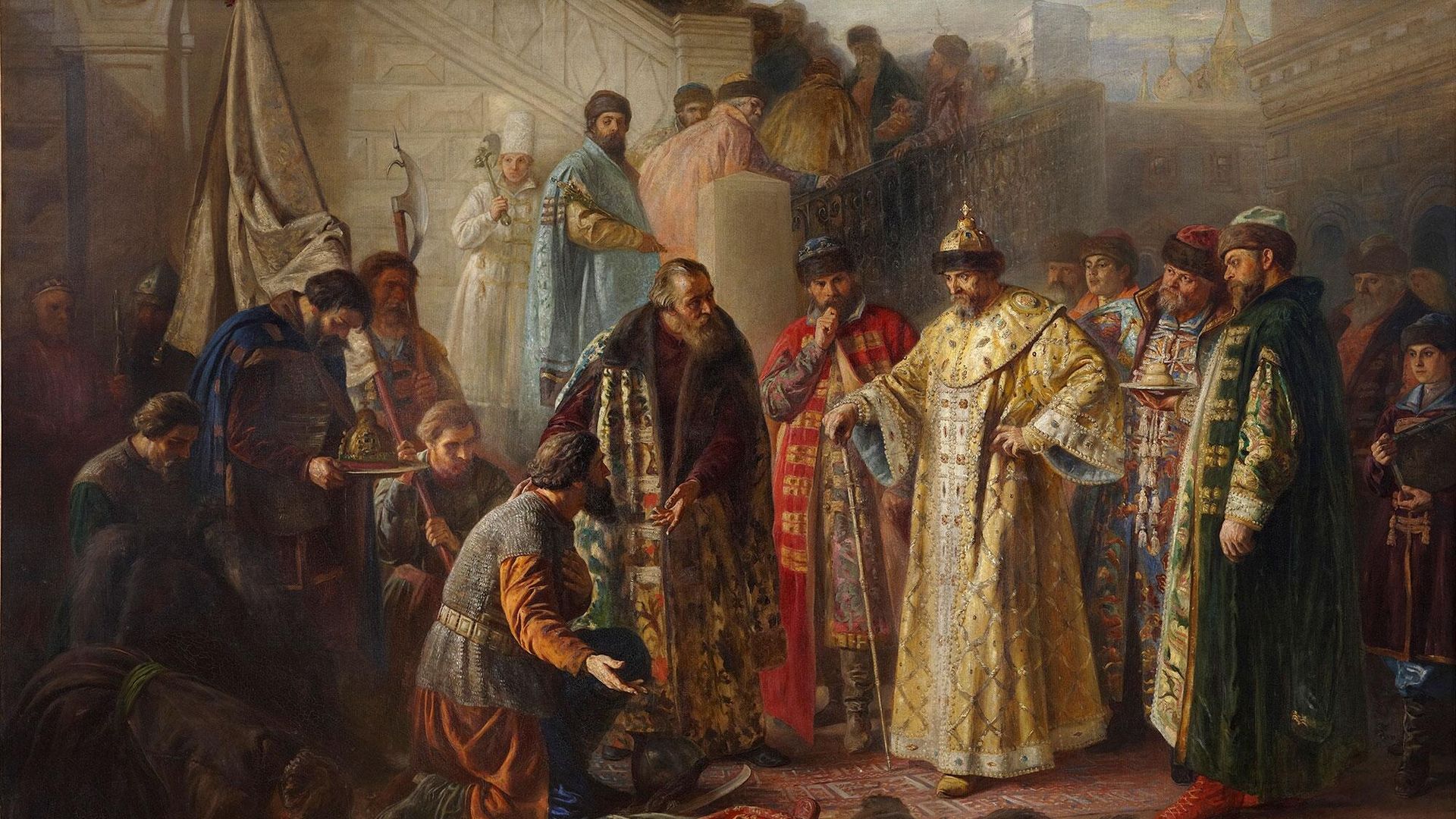Картина С. Р. Ростворовского Посланники от Ермака на красном крыльце перед Иваном Грозным. 1884 год  - РИА Новости, 1920, 18.04.2023