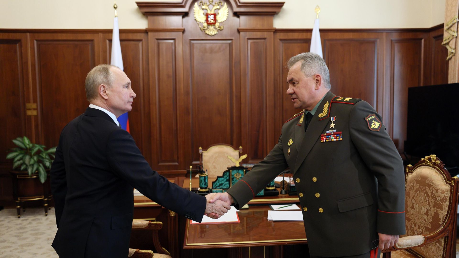 Президент РФ Владимир Путин и министр обороны Сергей Шойгу во время встречи Президент РФ Владимир Путин и министр обороны Сергей Шойгу во время встречи - РИА Новости, 1920, 17.04.2023