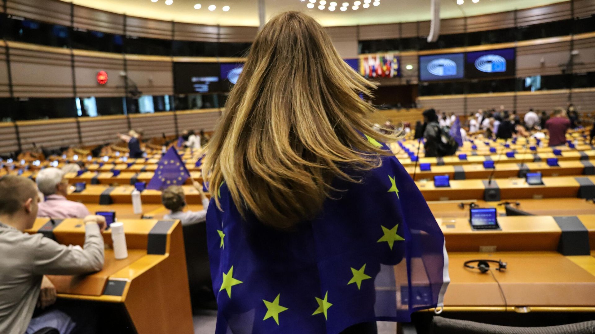 Посетительница с флагом ЕС в Европейском парламенте в Брюсселе во время дня открытых дверей Посетительница с флагом ЕС в Европейском парламенте в Брюсселе во время дня открытых дверей - РИА Новости, 1920, 21.04.2023