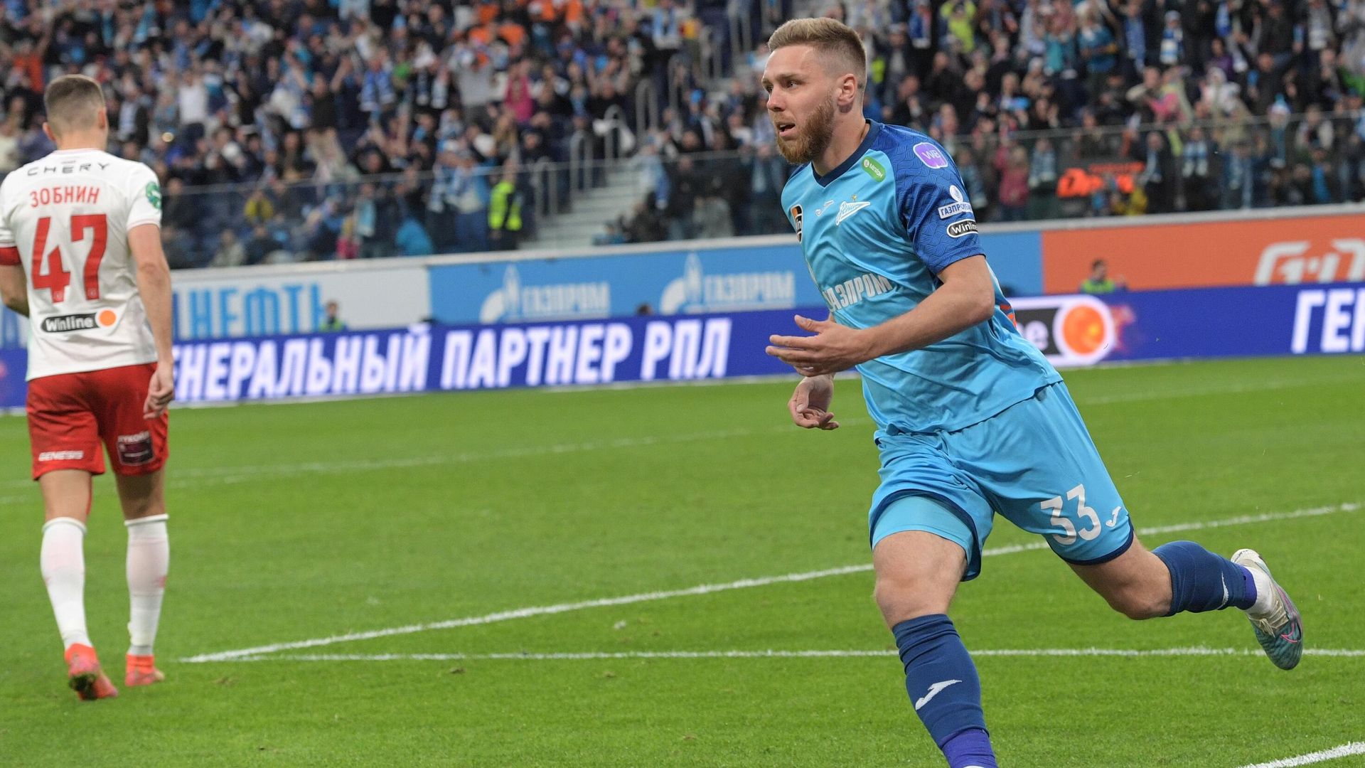 Игрок Зенита Иван Сергеев радуется забитому мячу в матче 26-го тура чемпионата России по футболу среди клубов Премьер-лиги сезона 2022/2023 между ФК Зенит (Санкт-Петербург) и ФК Спартак (Москва). Игрок Зенита Иван Сергеев радуется забитому мячу в матче 26-го тура чемпионата России по футболу среди клубов Премьер-лиги сезона 2022/2023 между ФК Зенит (Санкт-Петербург) и ФК Спартак (Москва). - РИА Новости, 1920, 08.05.2023