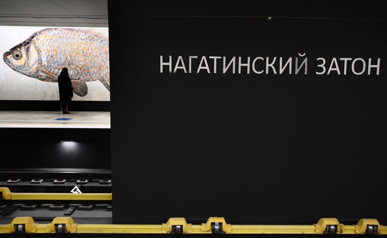 Мозаика с изображением рыбы в оформлении станции Нагатинский затон Большой кольцевой линии Московского метро Мозаика с изображением рыбы в оформлении станции Нагатинский затон Большой кольцевой линии Московского метро