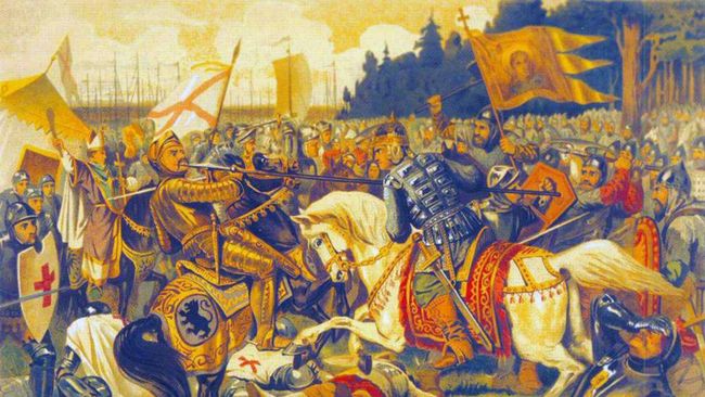 Князь Александр наносит рану шведскому военачальнику..., картина А. Кившенко