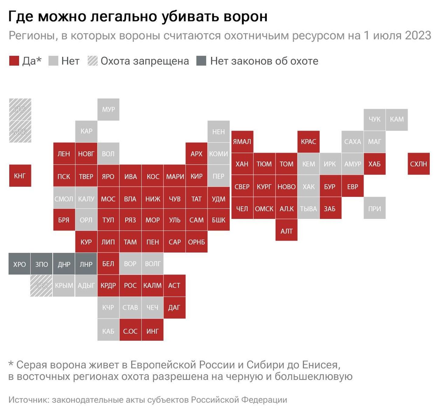 Регионы, в которых вороны считаются охотничьим ресурсом на 1 июля 2023 Регионы, в которых вороны считаются охотничьим ресурсом на 1 июля 2023