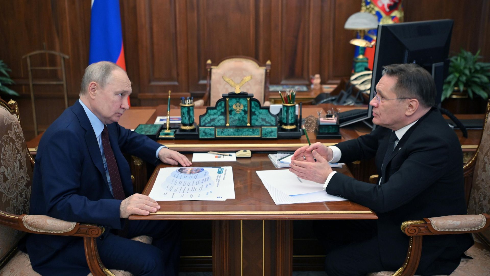Президент РФ Владимир Путин и генеральный директор госкорпорации Росатом Алексей Лихачев во время встречи Президент РФ Владимир Путин и генеральный директор госкорпорации Росатом Алексей Лихачев во время встречи - РИА Новости, 1920, 14.08.2023