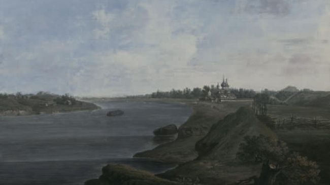 Д. И. Иванов. Вид Николаевского монастыря из Каменной крепости. 1809 г.
(на первом плане — восточный бастион Земляного городища, справа на дальнем плане — сопка в урочище Победище)