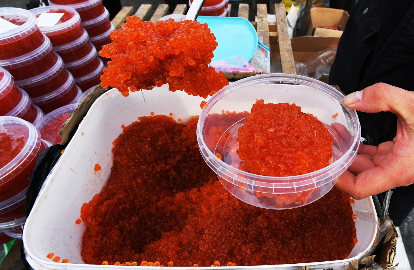 Продажа красной икры на продовольственной ярмарке Продажа красной икры на продовольственной ярмарке