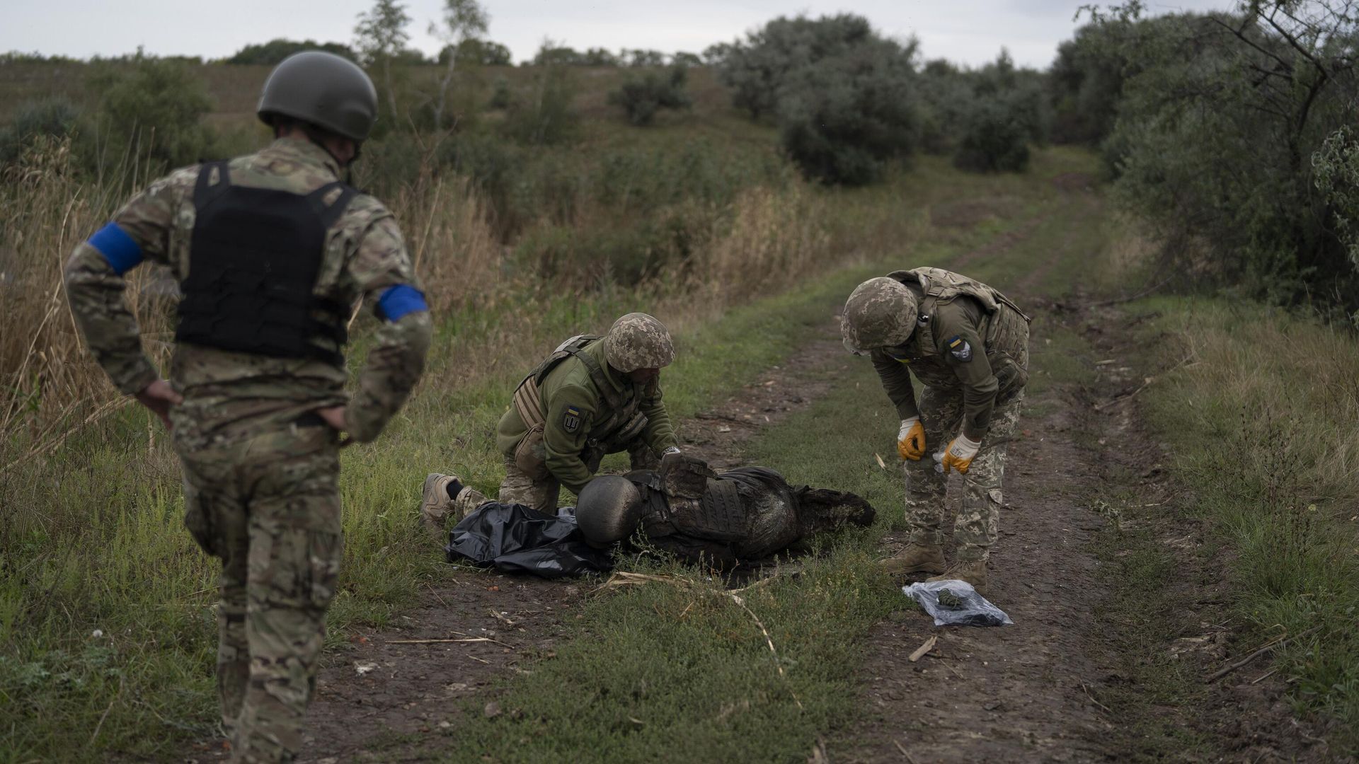 Украинские военнослужащие осматривают тело солдата в Харьковской области, 17 сентября 2022 года Украинские военнослужащие осматривают тело солдата в Харьковской области, 17 сентября 2022 года - РИА Новости, 1920, 11.11.2023
