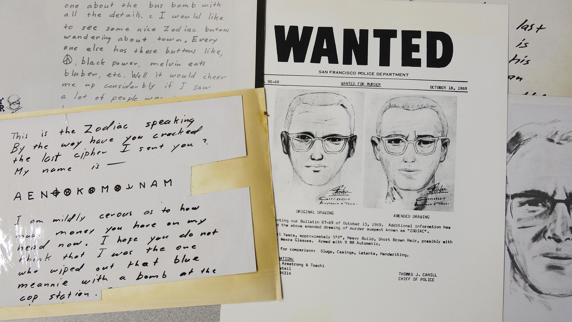 Фоторобот и копии писем, отправленных в газету San Francisco Chronicle человеком, называвшим себя Зодиак Фоторобот и копии писем, отправленных в газету San Francisco Chronicle человеком, называвшим себя Зодиак - РИА Новости, 1920, 20.09.2023