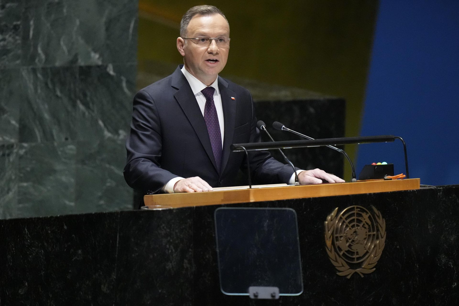 Президент Польши Анджей Дуда во время выступления на Генеральной Ассамблее ООН Президент Польши Анджей Дуда во время выступления на Генеральной Ассамблее ООН - РИА Новости, 1920, 21.09.2023