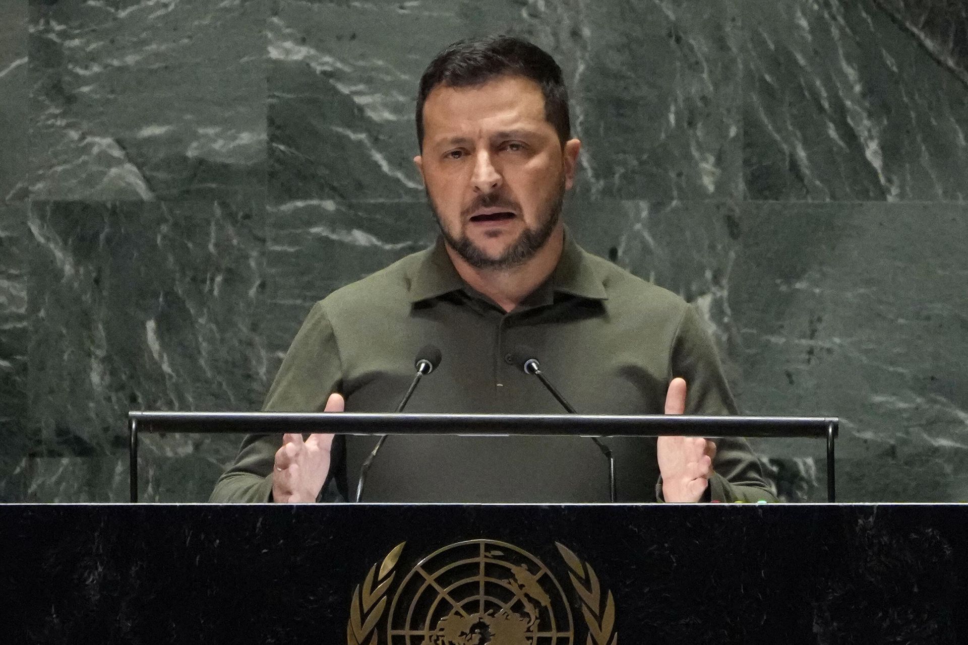 Президент Украины Владимир Зеленский во время выступления на Генеральной Ассамблее ООН Президент Украины Владимир Зеленский во время выступления на Генеральной Ассамблее ООН - РИА Новости, 1920, 21.09.2023